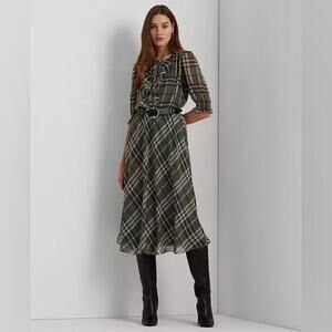 Lauren Ralph Lauren Women's Plaid Crinkle Georgette Tie-Neck Dress